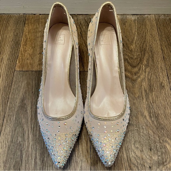 Elegant Beige Rhinestone Kitten Heels - Picture 8 of 9